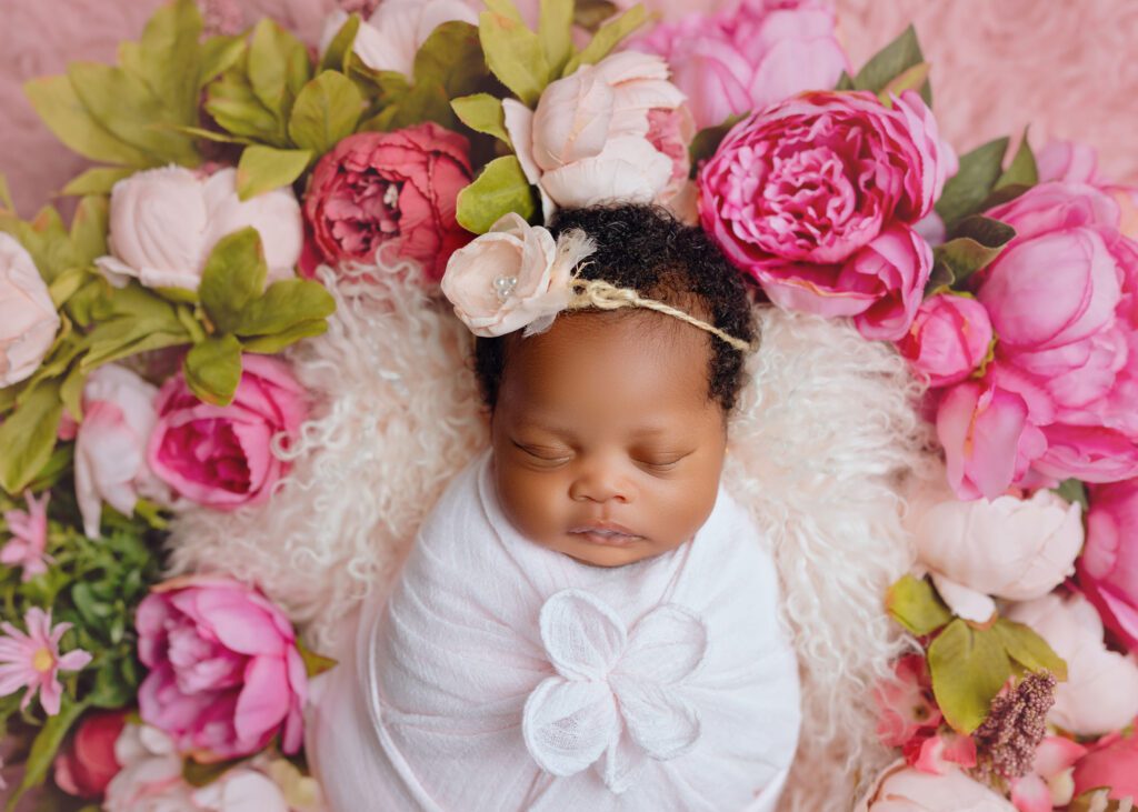 Timeless baby only newborn portrait with floral styling in Winnipeg studio 01